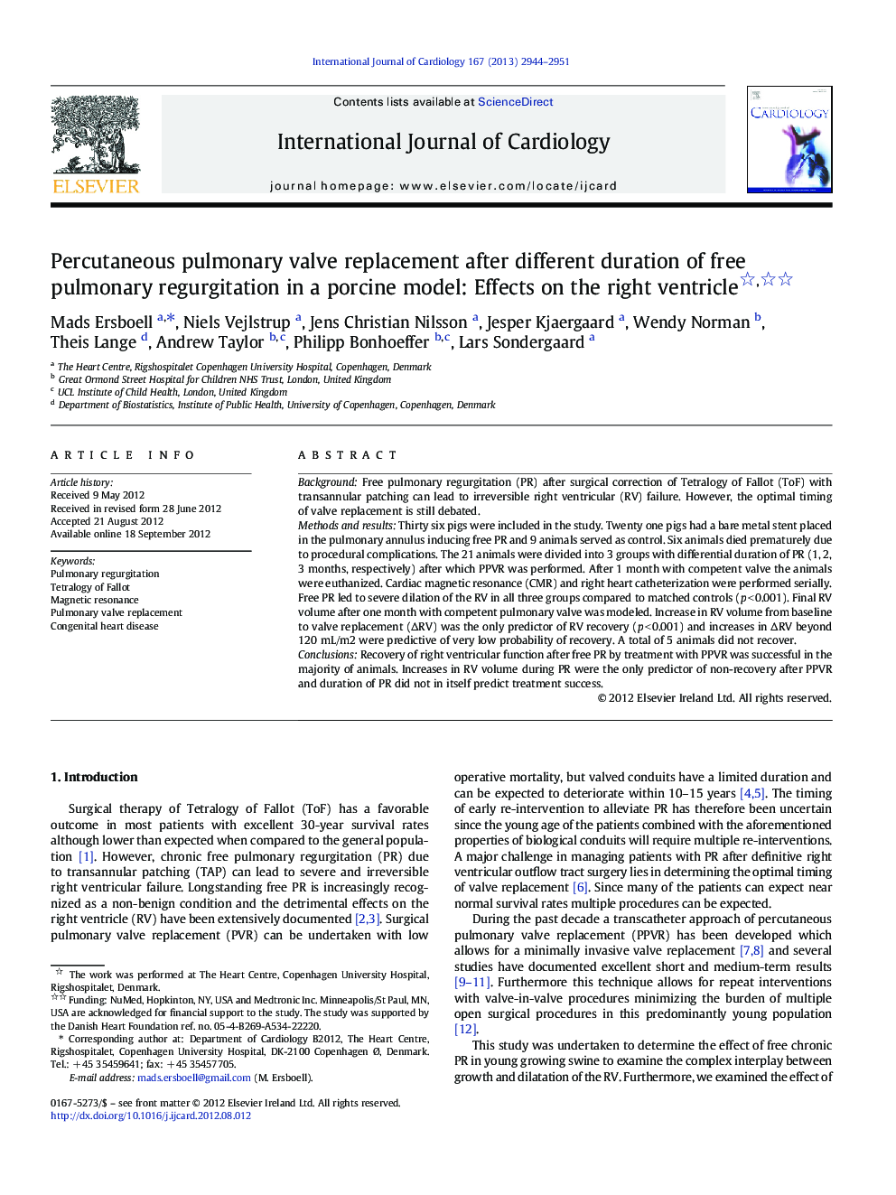 Percutaneous pulmonary valve replacement after different duration of free pulmonary regurgitation in a porcine model: Effects on the right ventricle