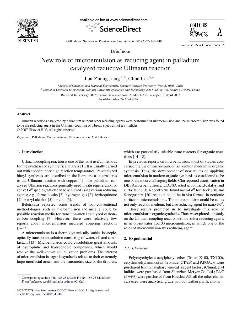 New role of microemulsion as reducing agent in palladium catalyzed reductive Ullmann reaction