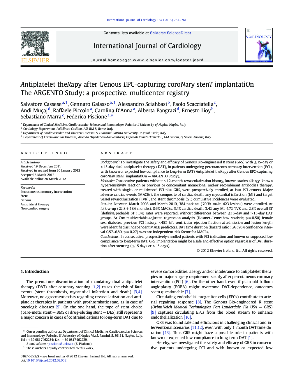 Antiplatelet theRapy after Genous EPC-capturing coroNary stenT implantatiOn: The ARGENTO Study: a prospective, multicenter registry