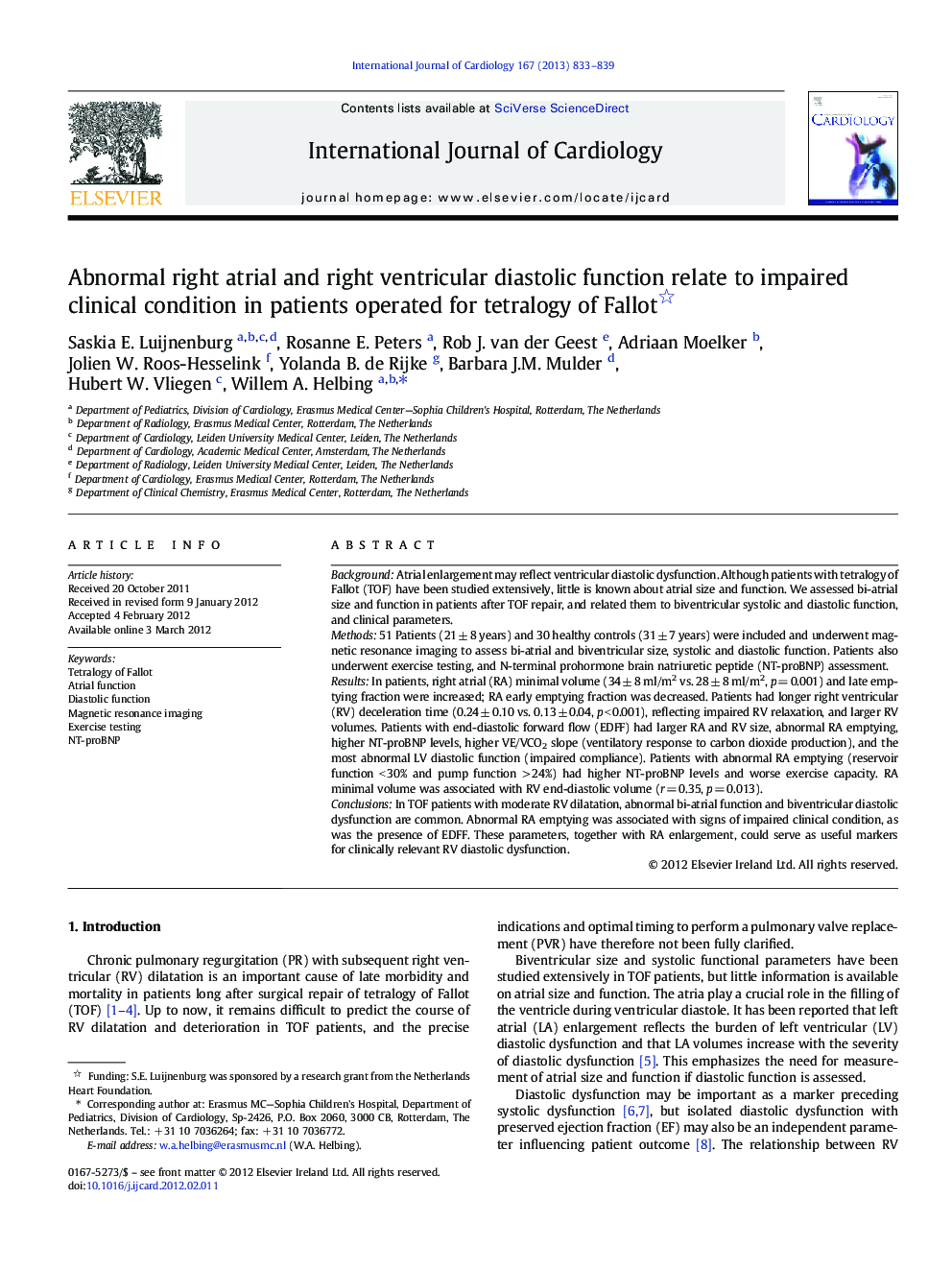 Abnormal right atrial and right ventricular diastolic function relate to impaired clinical condition in patients operated for tetralogy of Fallot