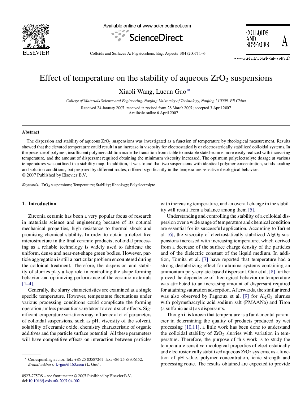 Effect of temperature on the stability of aqueous ZrO2 suspensions