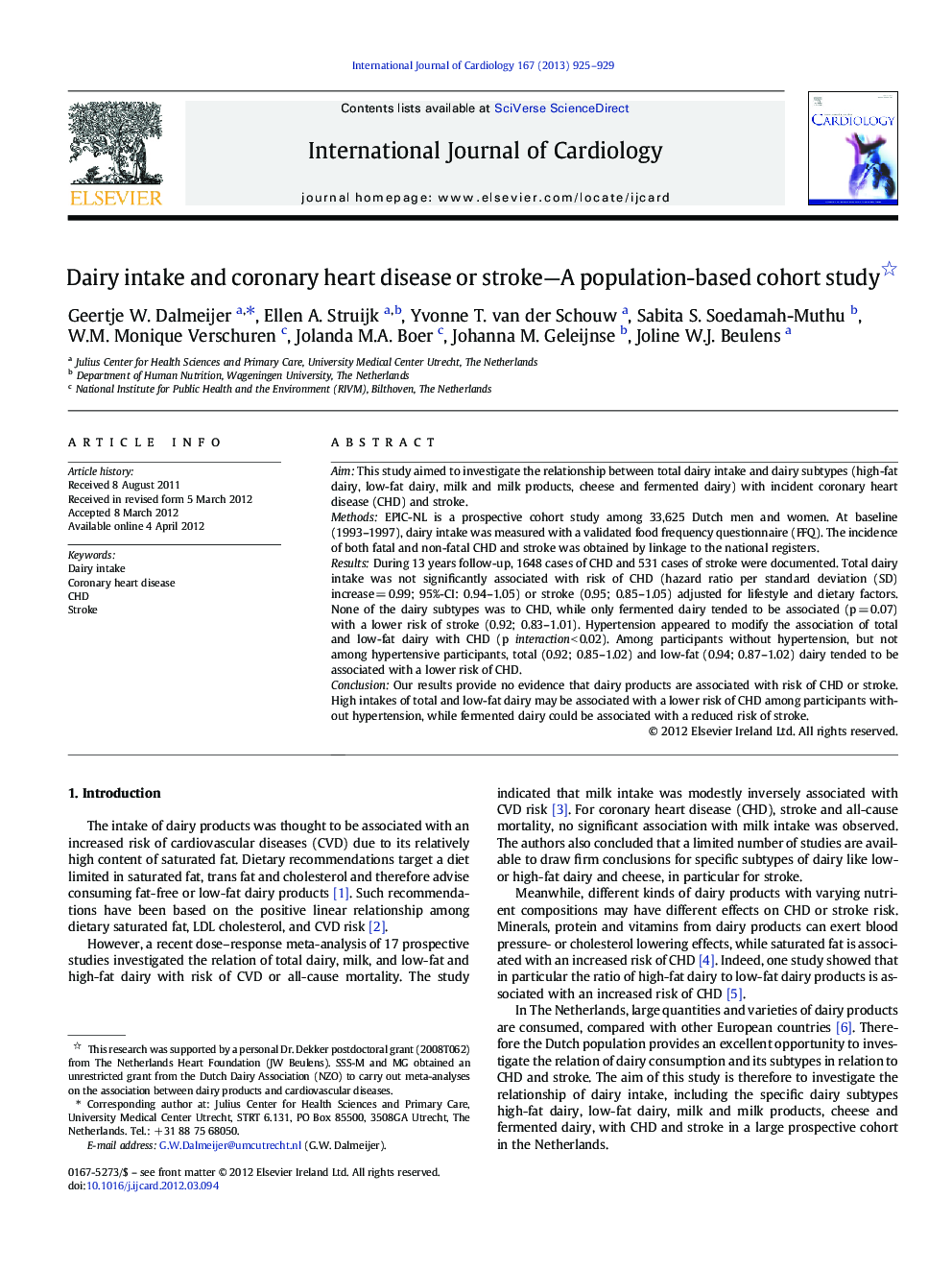 Dairy intake and coronary heart disease or stroke-A population-based cohort study