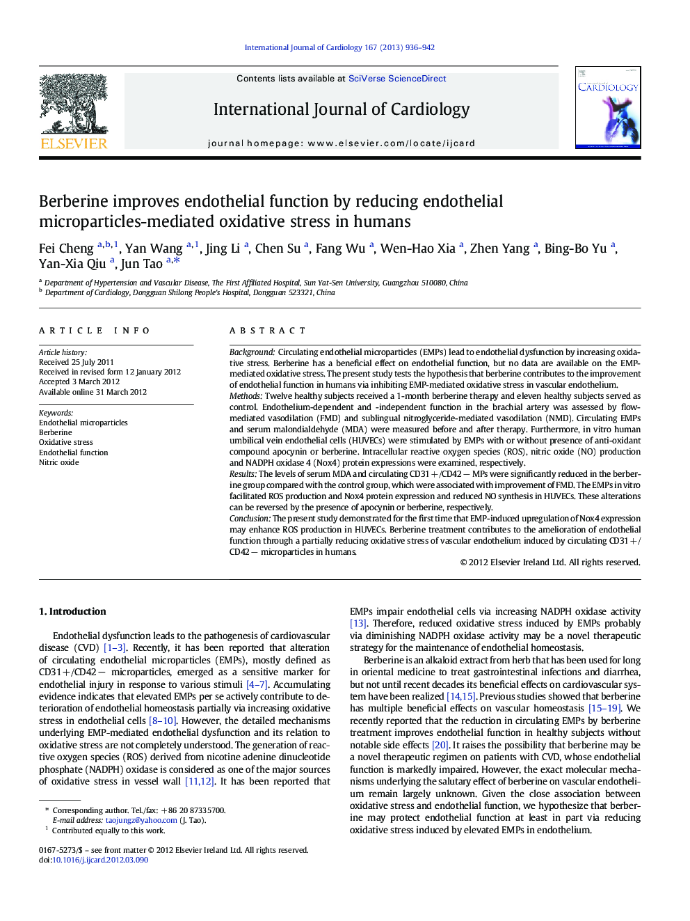 Berberine improves endothelial function by reducing endothelial microparticles-mediated oxidative stress in humans