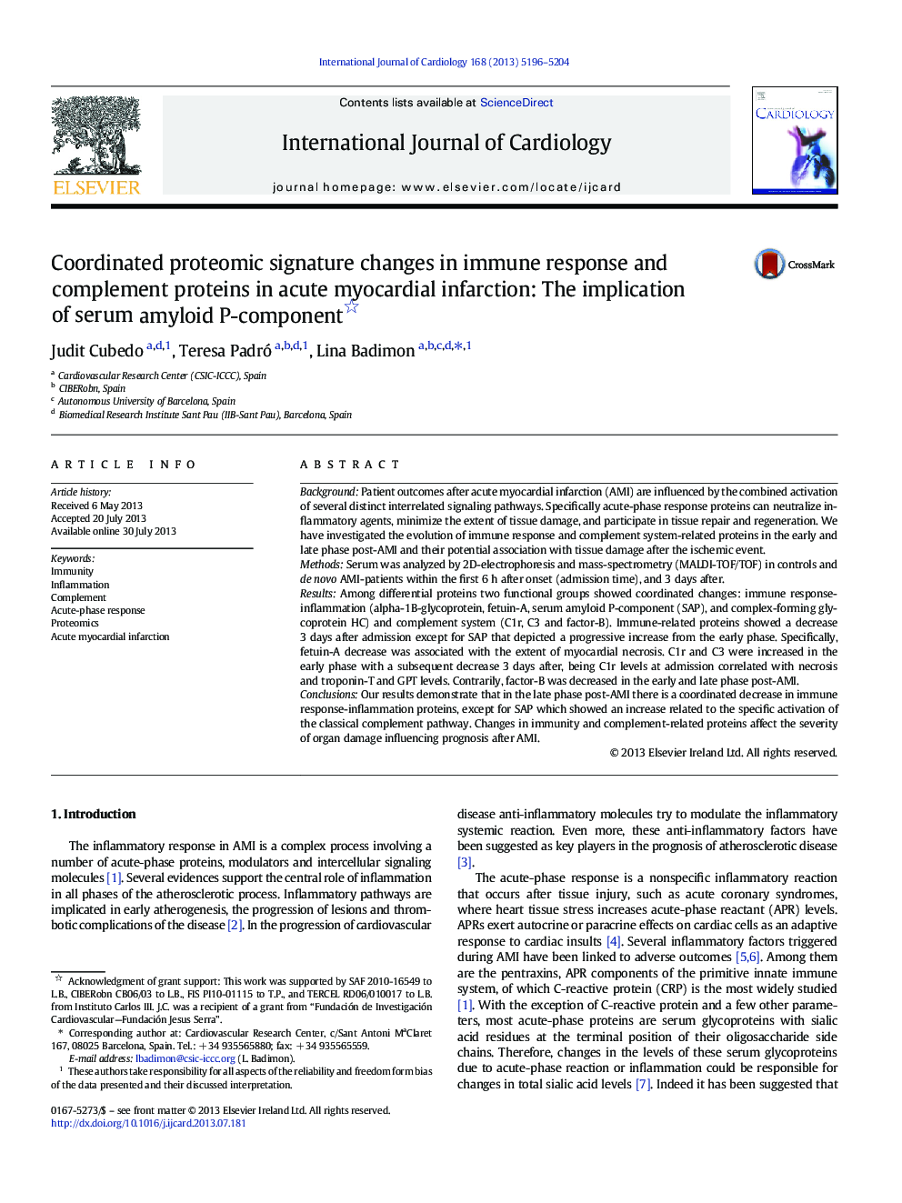 Coordinated proteomic signature changes in immune response and complement proteins in acute myocardial infarction: The implication of serum amyloid P-component