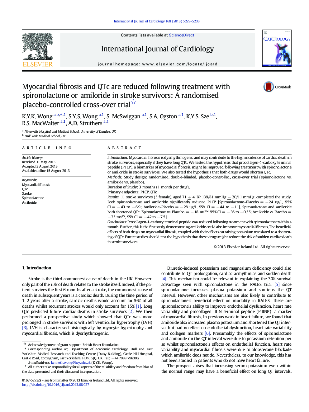 Myocardial fibrosis and QTc are reduced following treatment with spironolactone or amiloride in stroke survivors: A randomised placebo-controlled cross-over trial