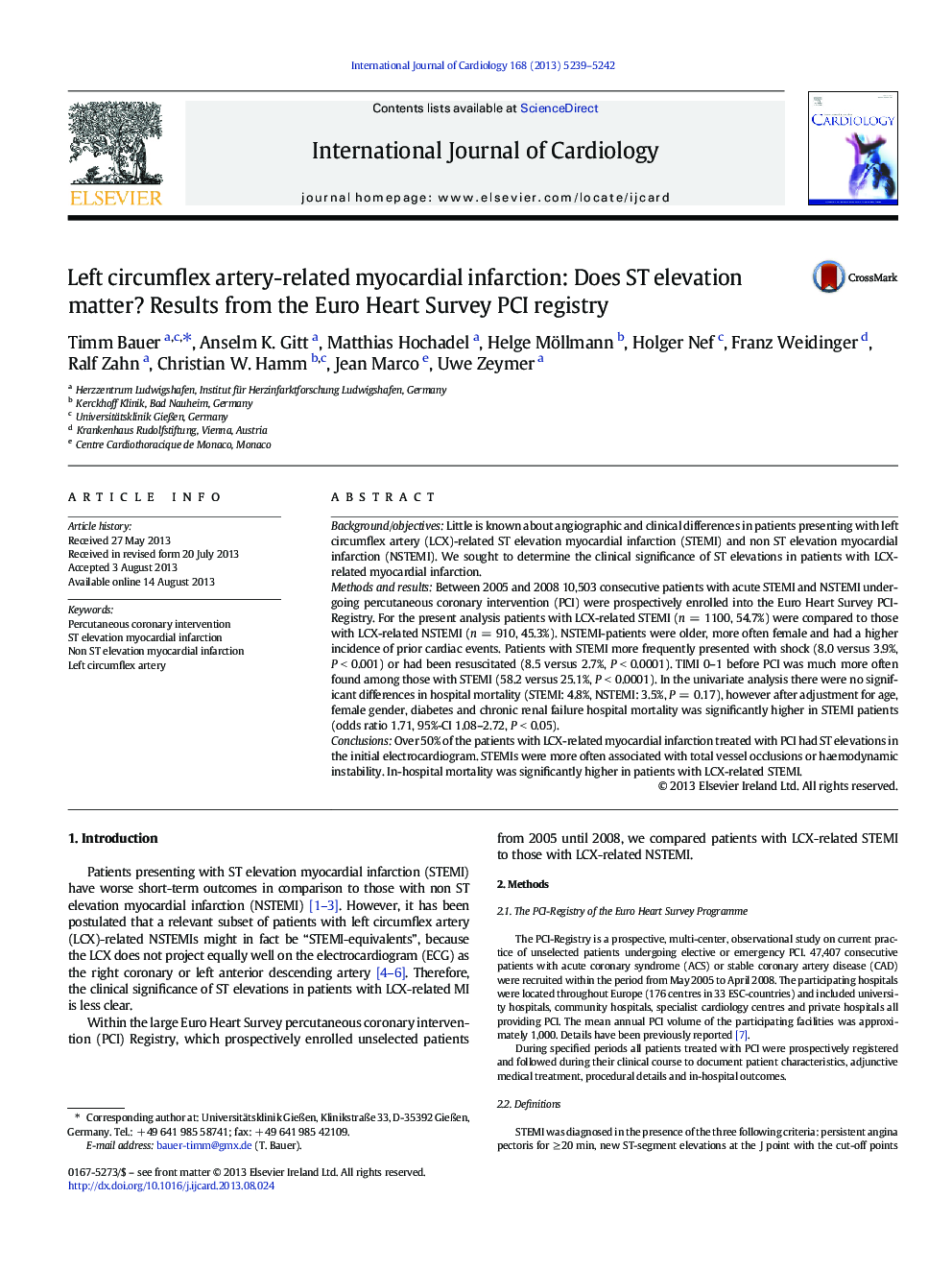 Left circumflex artery-related myocardial infarction: Does ST elevation matter? Results from the Euro Heart Survey PCI registry