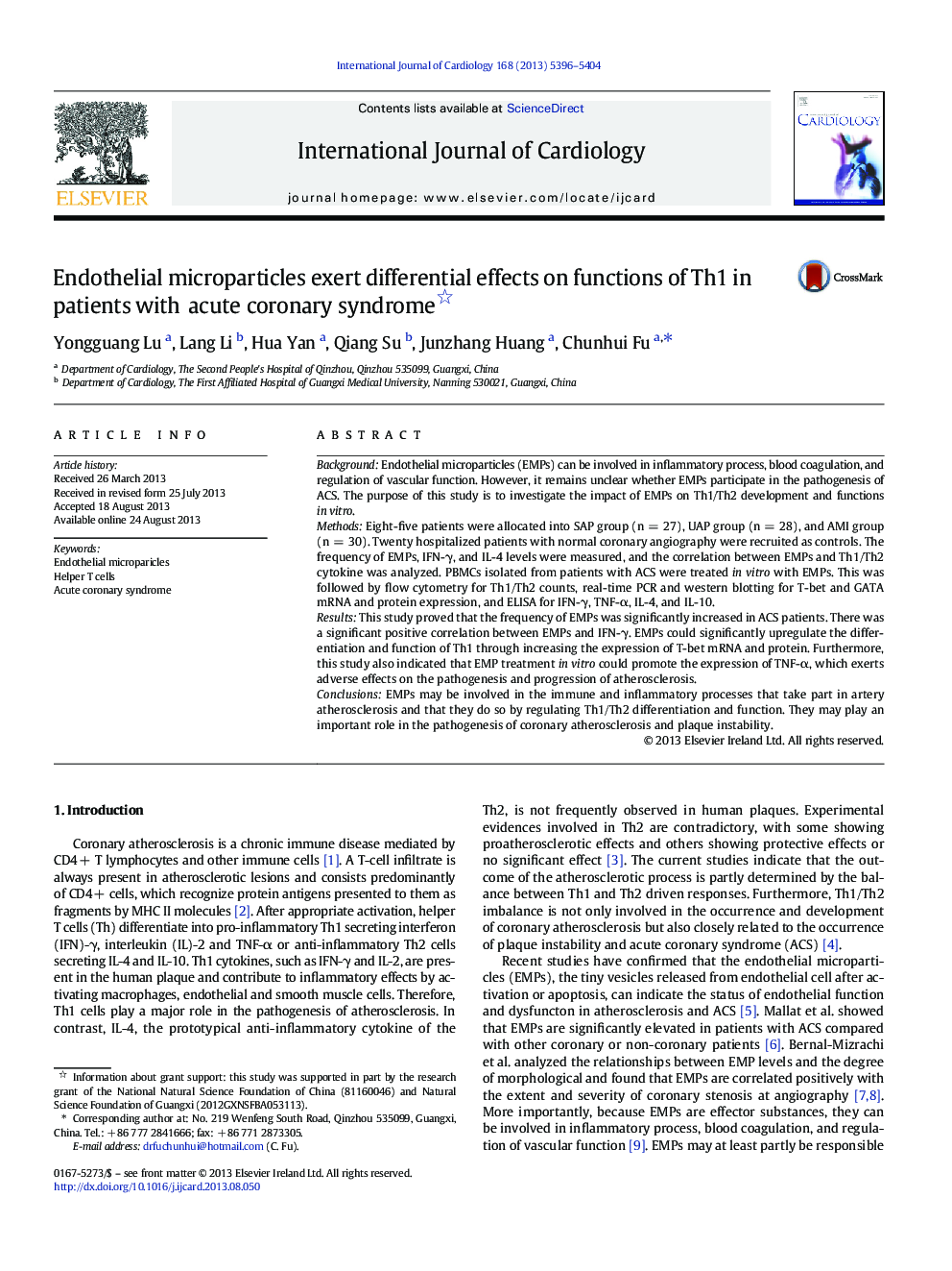 Endothelial microparticles exert differential effects on functions of Th1 in patients with acute coronary syndrome