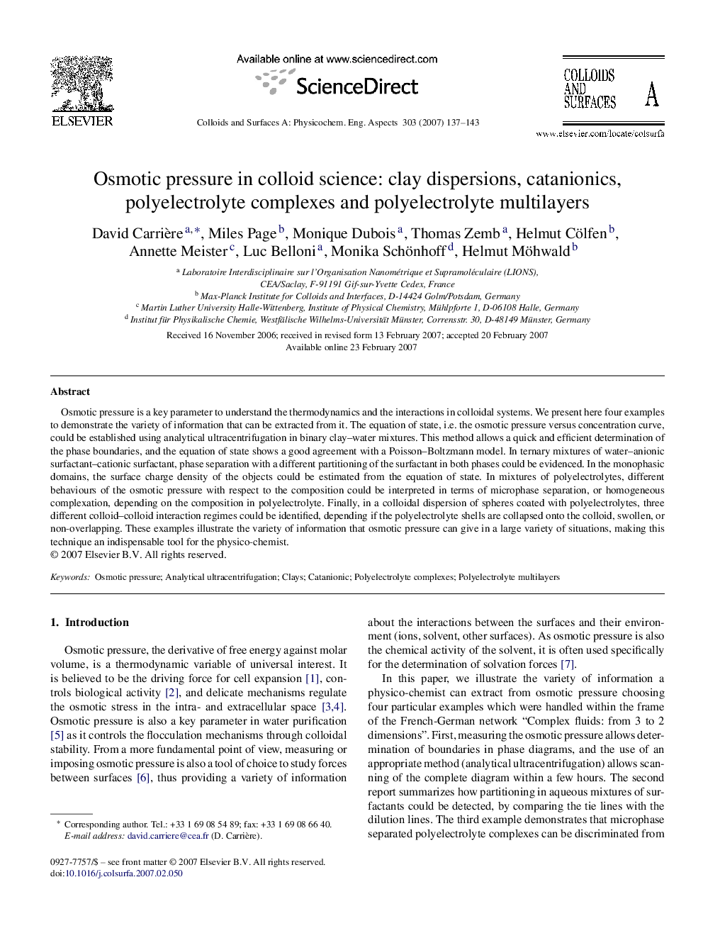 Osmotic pressure in colloid science: clay dispersions, catanionics, polyelectrolyte complexes and polyelectrolyte multilayers