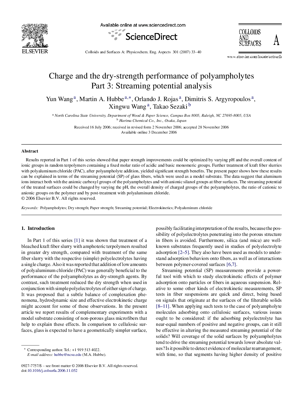 Charge and the dry-strength performance of polyampholytes: Part 3: Streaming potential analysis