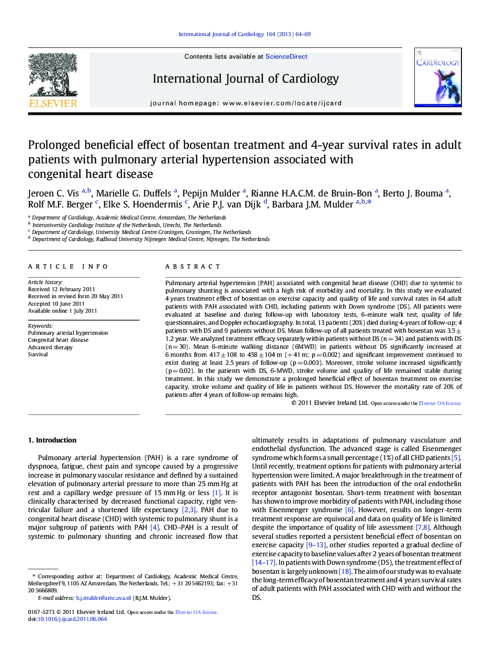 Prolonged beneficial effect of bosentan treatment and 4-year survival rates in adult patients with pulmonary arterial hypertension associated with congenital heart disease