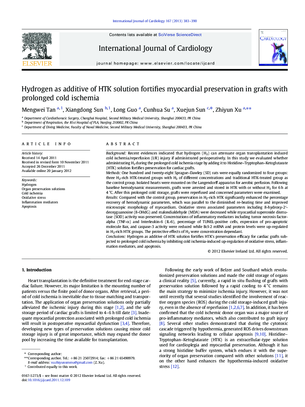 Hydrogen as additive of HTK solution fortifies myocardial preservation in grafts with prolonged cold ischemia