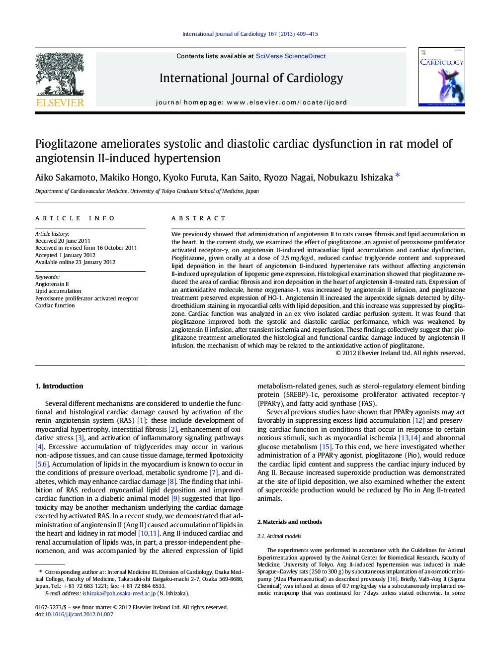 Pioglitazone ameliorates systolic and diastolic cardiac dysfunction in rat model of angiotensin II-induced hypertension