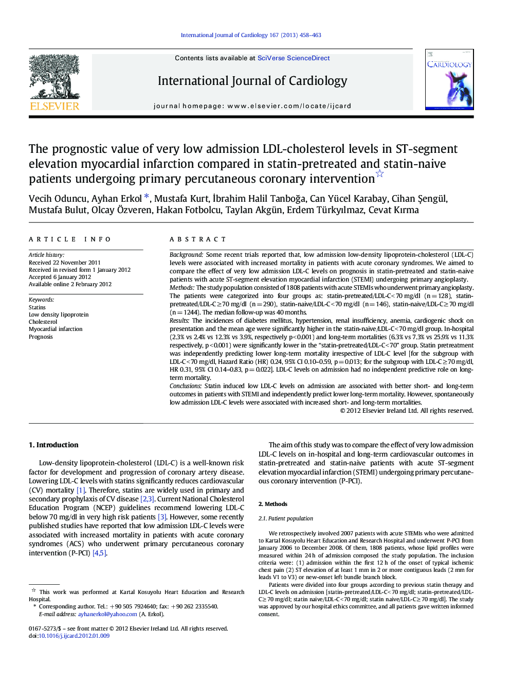 The prognostic value of very low admission LDL-cholesterol levels in ST-segment elevation myocardial infarction compared in statin-pretreated and statin-naive patients undergoing primary percutaneous coronary intervention