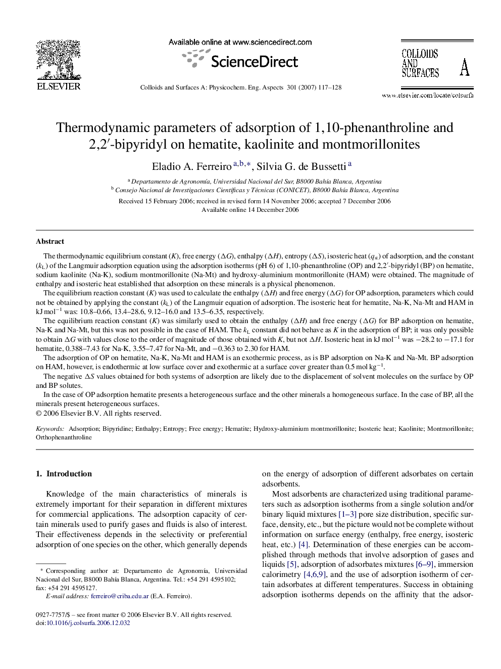 Thermodynamic parameters of adsorption of 1,10-phenanthroline and 2,2′-bipyridyl on hematite, kaolinite and montmorillonites
