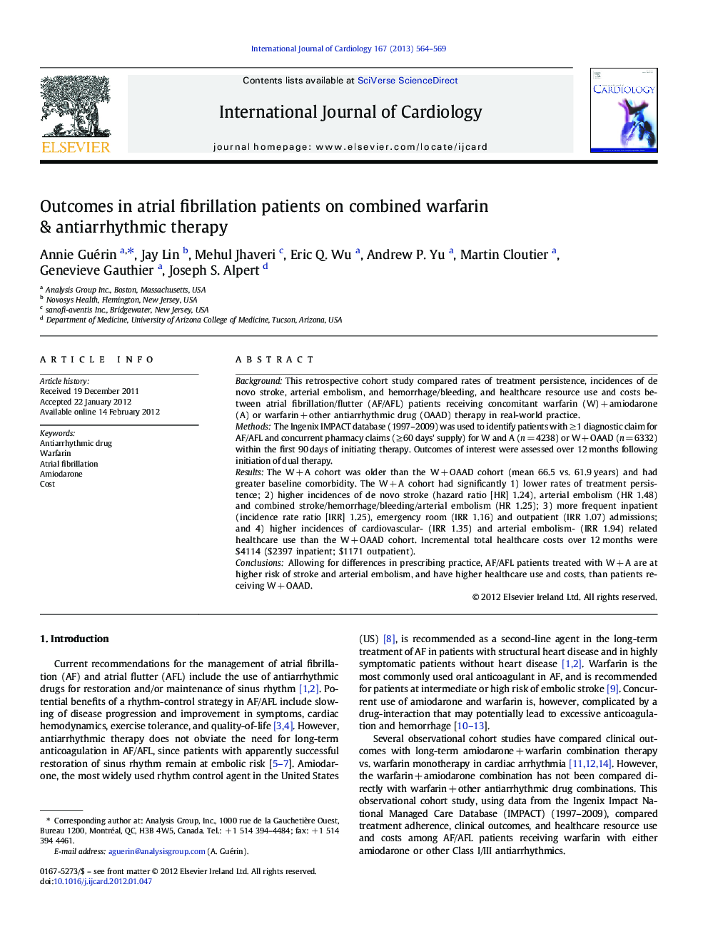 Outcomes in atrial fibrillation patients on combined warfarin & antiarrhythmic therapy