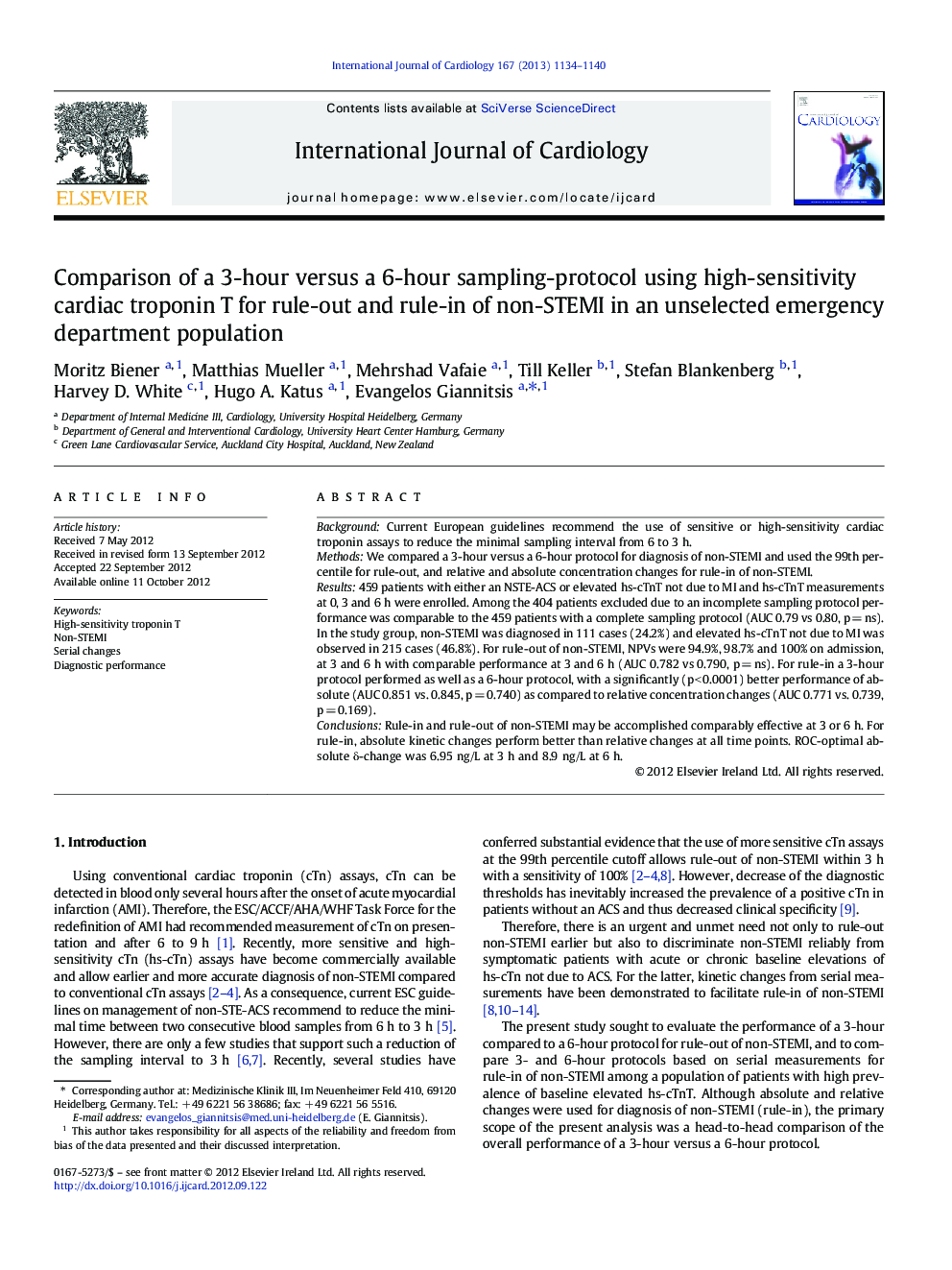 Comparison of a 3-hour versus a 6-hour sampling-protocol using high-sensitivity cardiac troponin T for rule-out and rule-in of non-STEMI in an unselected emergency department population