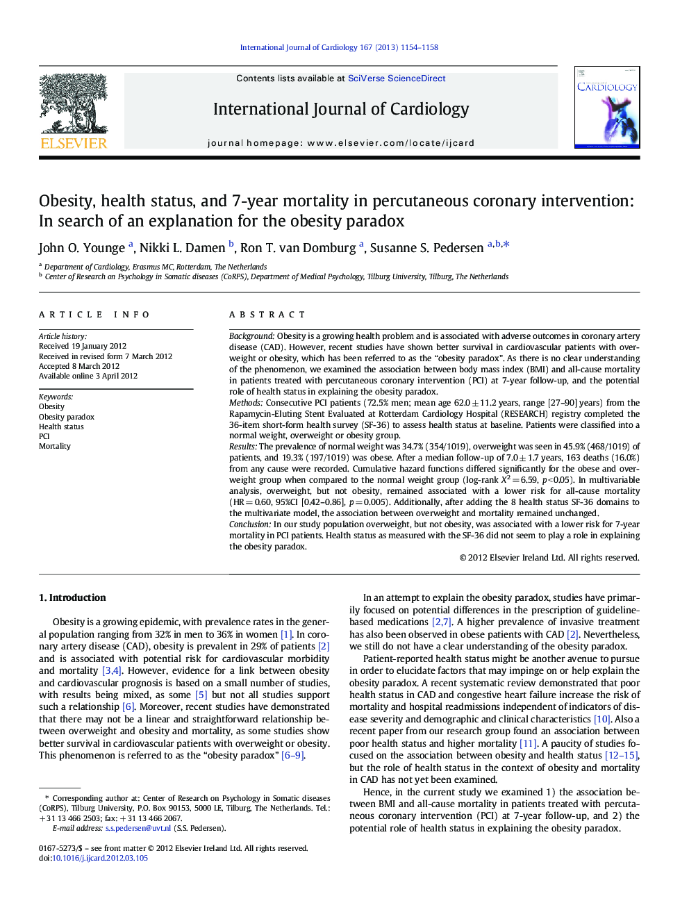 Obesity, health status, and 7-year mortality in percutaneous coronary intervention: In search of an explanation for the obesity paradox