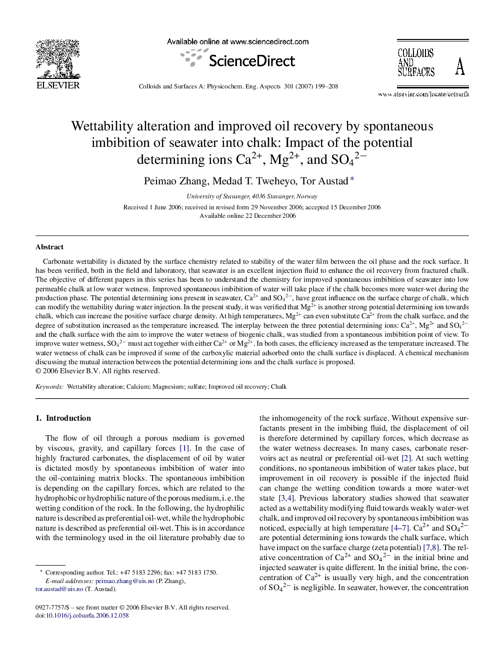 Wettability alteration and improved oil recovery by spontaneous imbibition of seawater into chalk: Impact of the potential determining ions Ca2+, Mg2+, and SO42−