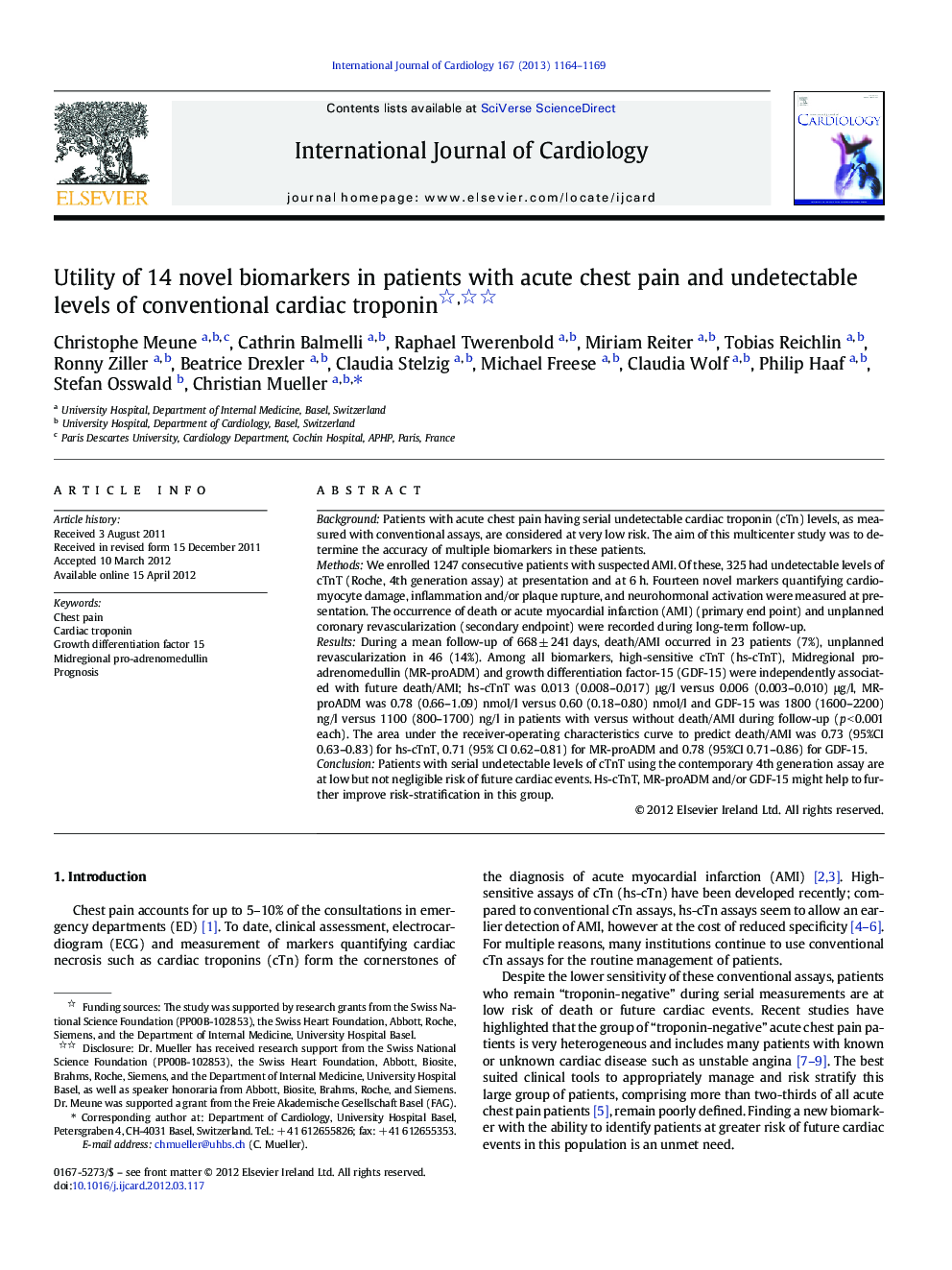 Utility of 14 novel biomarkers in patients with acute chest pain and undetectable levels of conventional cardiac troponin