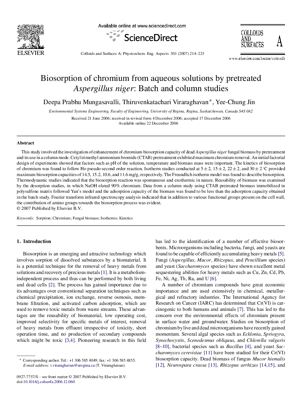 Biosorption of chromium from aqueous solutions by pretreated Aspergillus niger: Batch and column studies