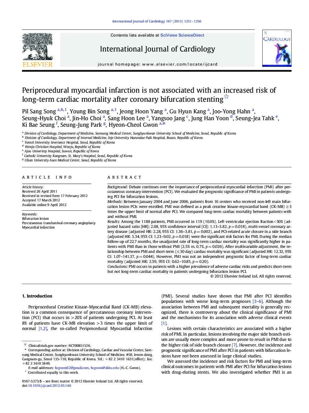 Periprocedural myocardial infarction is not associated with an increased risk of long-term cardiac mortality after coronary bifurcation stenting