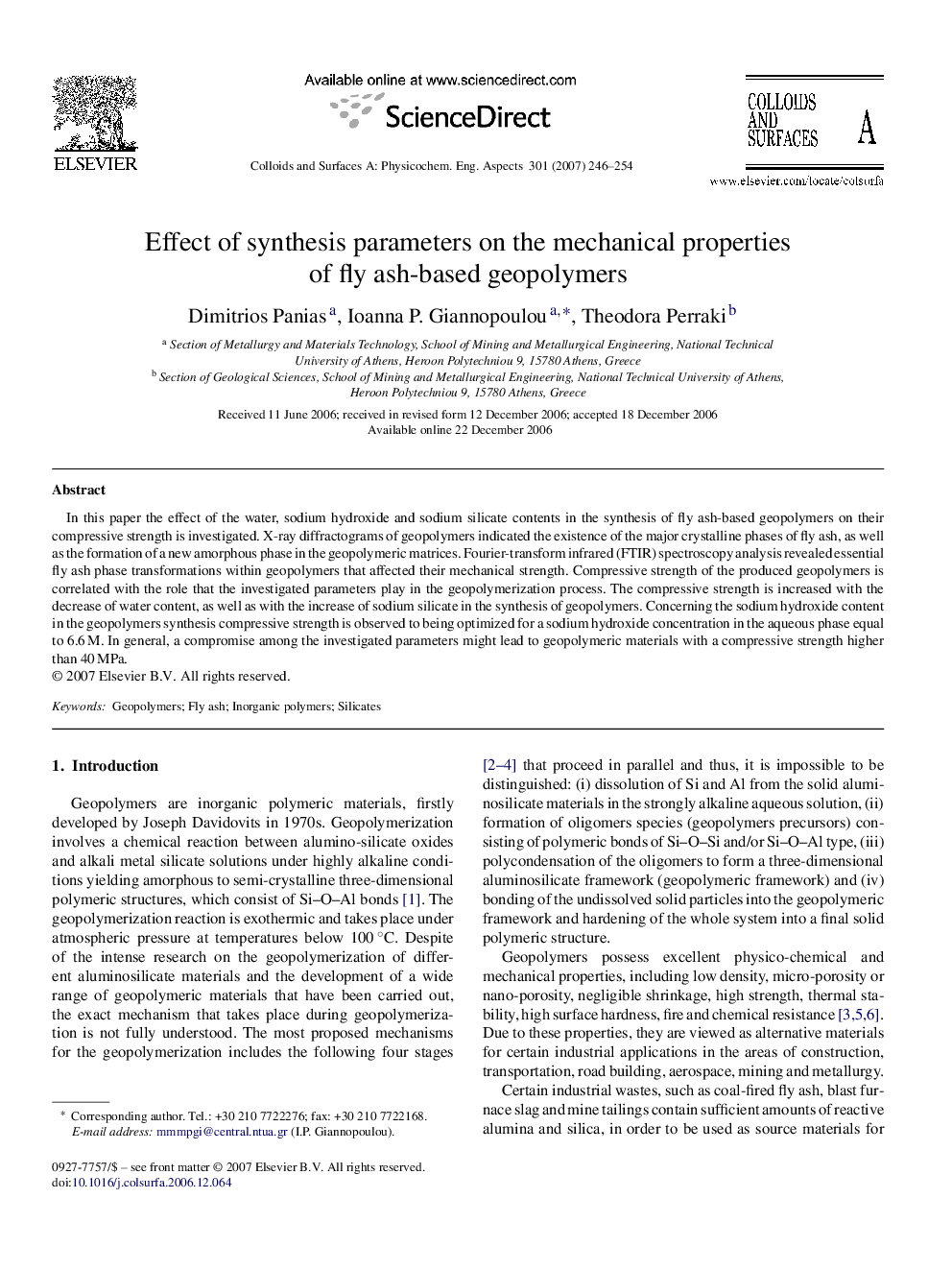 عکس صفحه اول مقاله: Effect of synthesis parameters on the mechanical properties of fly ash-based geopolymers Effect of synthesis parameters on the mechanical properties of fly ash-based geopolymers