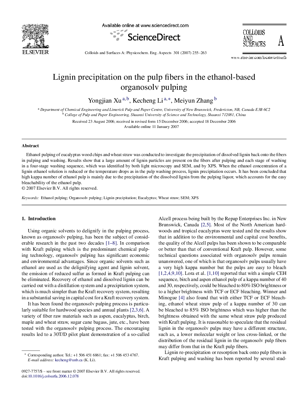 Lignin precipitation on the pulp fibers in the ethanol-based organosolv pulping