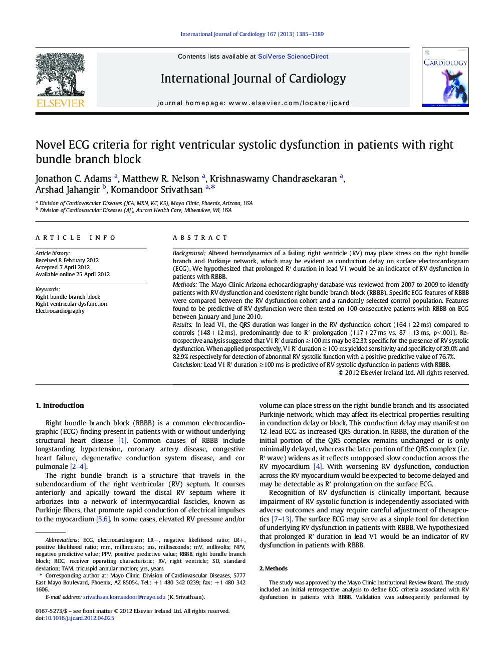 Novel ECG criteria for right ventricular systolic dysfunction in patients with right bundle branch block