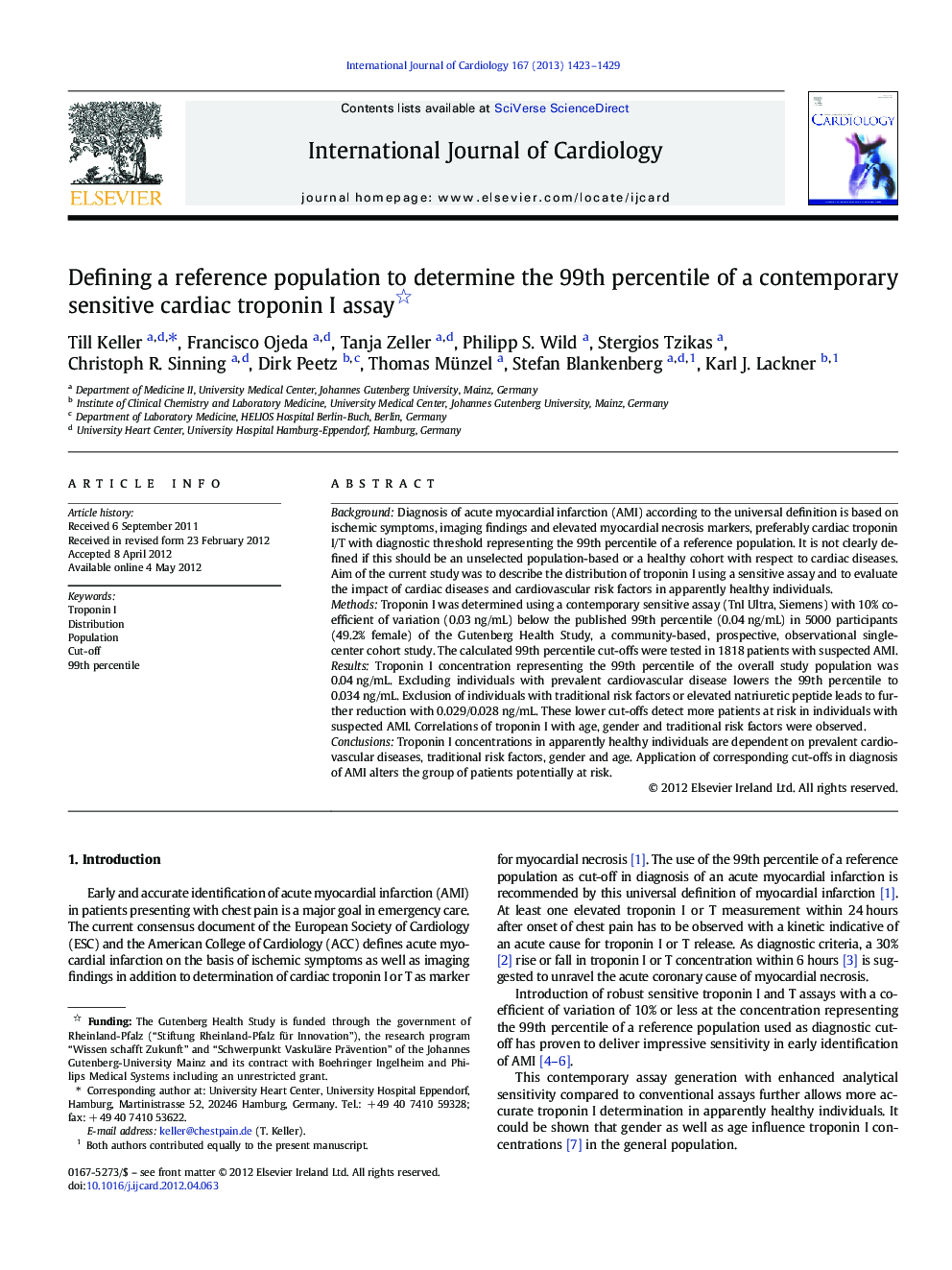 Defining a reference population to determine the 99th percentile of a contemporary sensitive cardiac troponin I assay