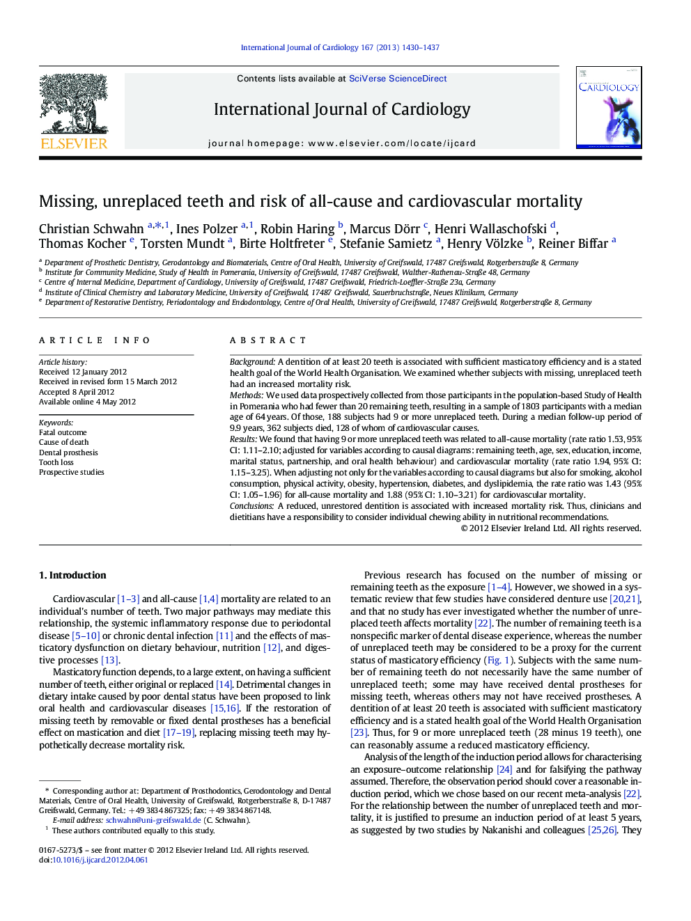 Missing, unreplaced teeth and risk of all-cause and cardiovascular mortality