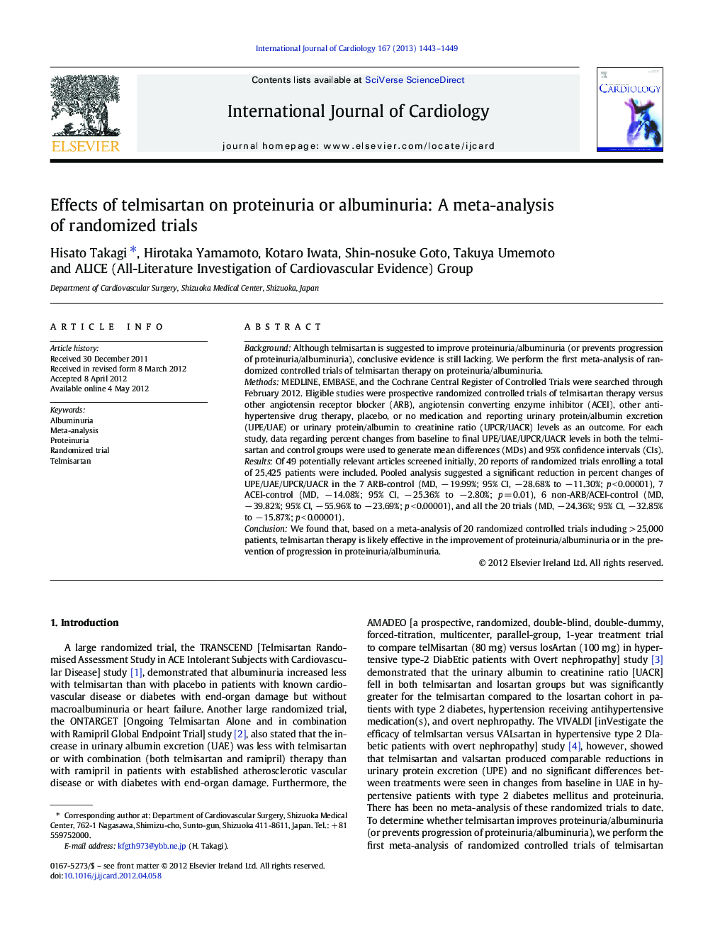 Effects of telmisartan on proteinuria or albuminuria: A meta-analysis of randomized trials