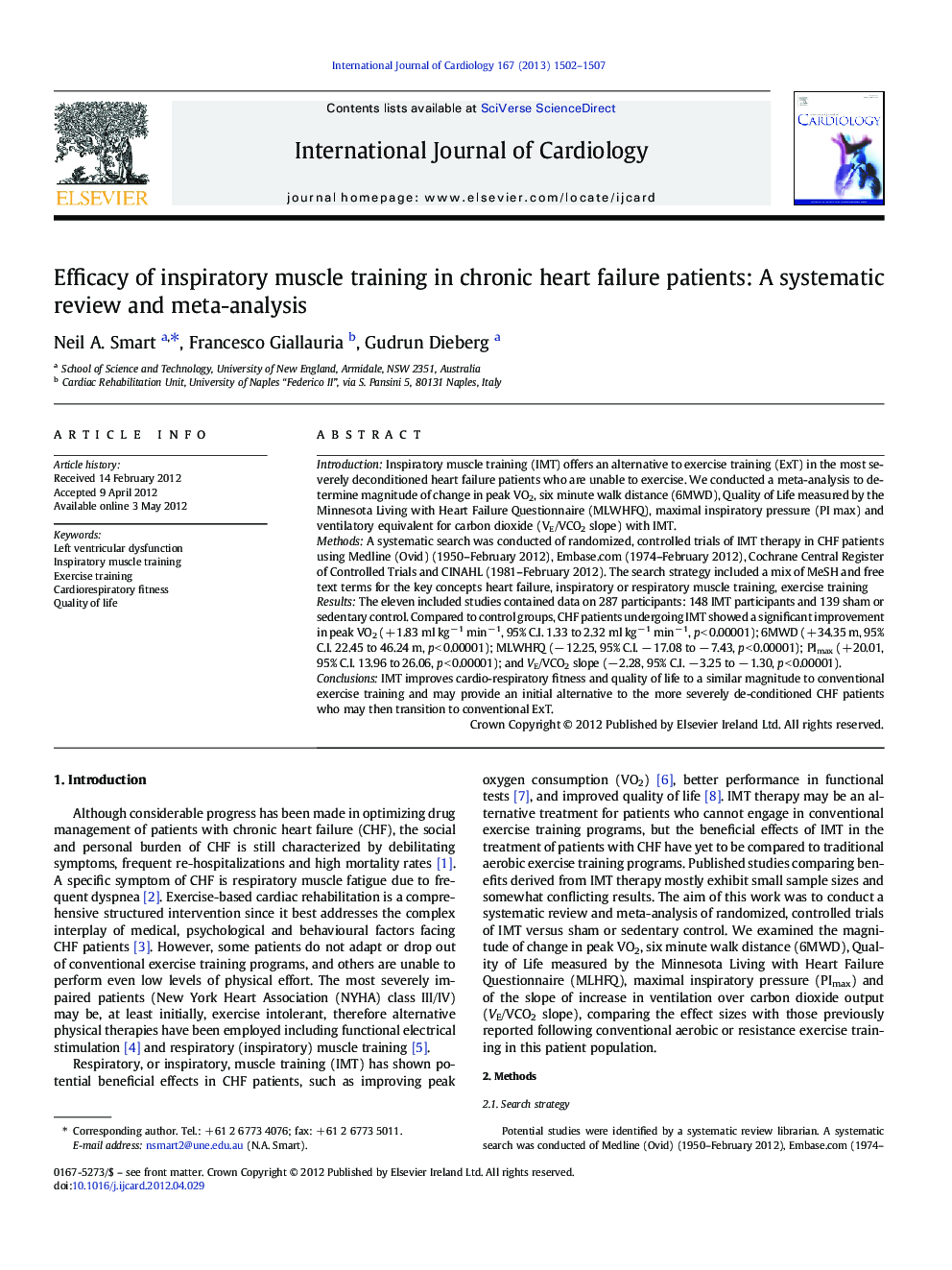 Efficacy of inspiratory muscle training in chronic heart failure patients: A systematic review and meta-analysis