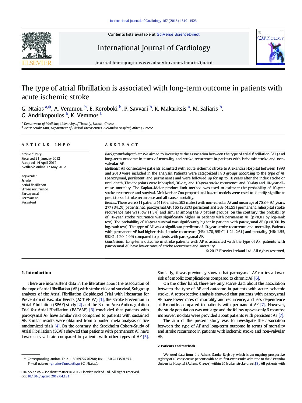 The type of atrial fibrillation is associated with longâterm outcome in patients with acute ischemic stroke