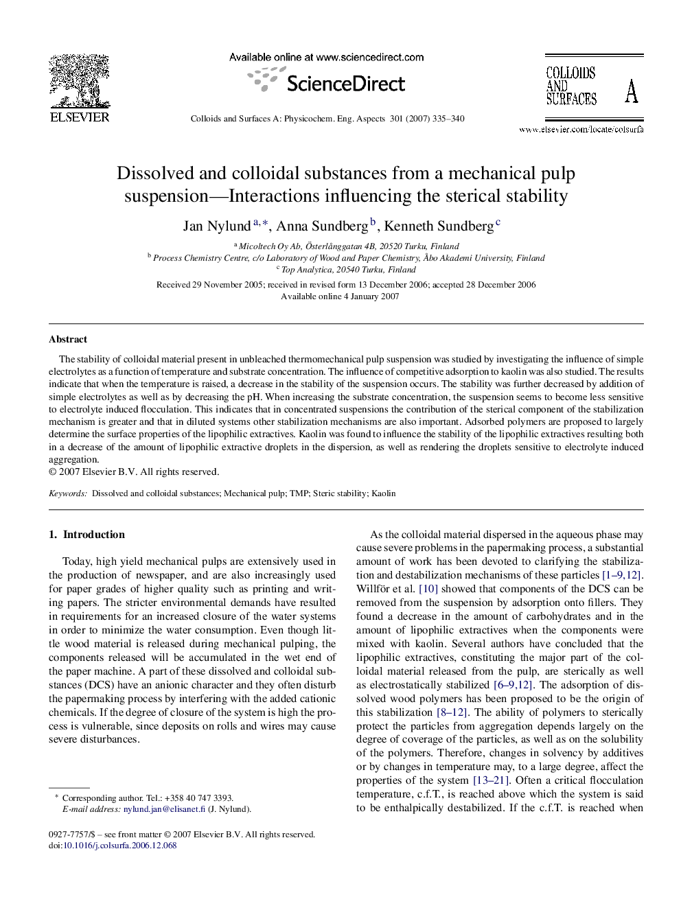 Dissolved and colloidal substances from a mechanical pulp suspension—Interactions influencing the sterical stability