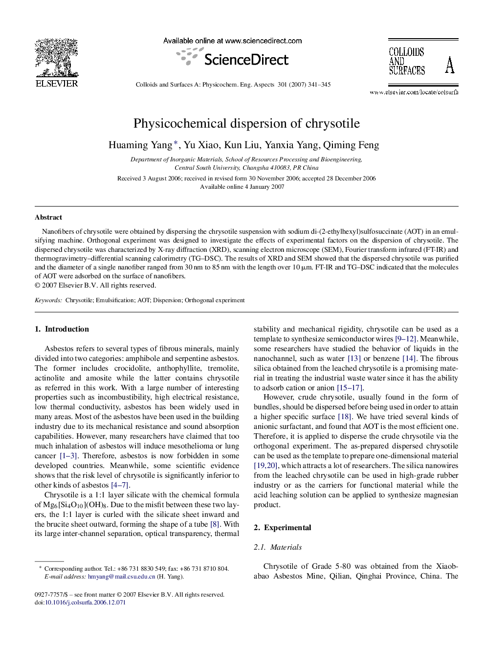 Physicochemical dispersion of chrysotile