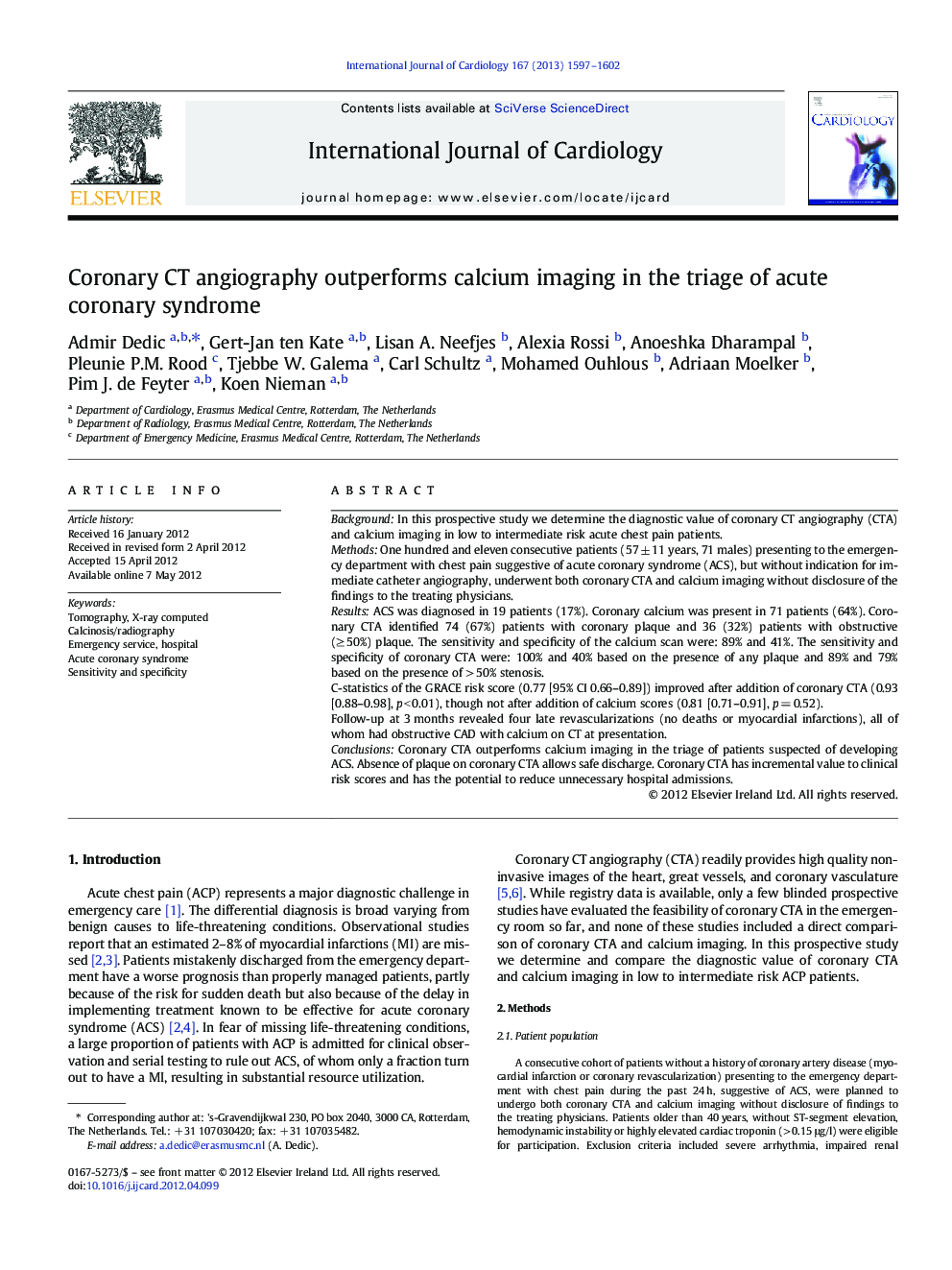 Coronary CT angiography outperforms calcium imaging in the triage of acute coronary syndrome