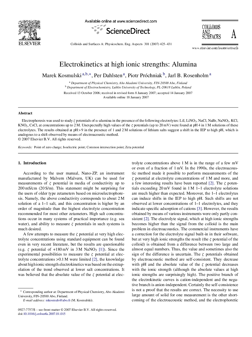 Electrokinetics at high ionic strengths: Alumina