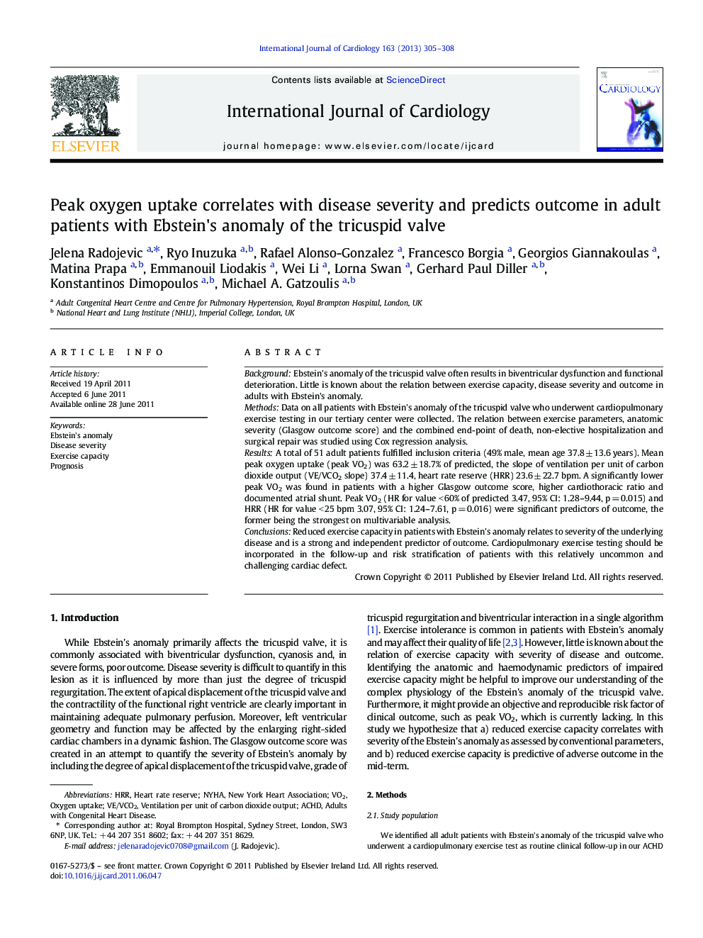 Peak oxygen uptake correlates with disease severity and predicts outcome in adult patients with Ebstein's anomaly of the tricuspid valve