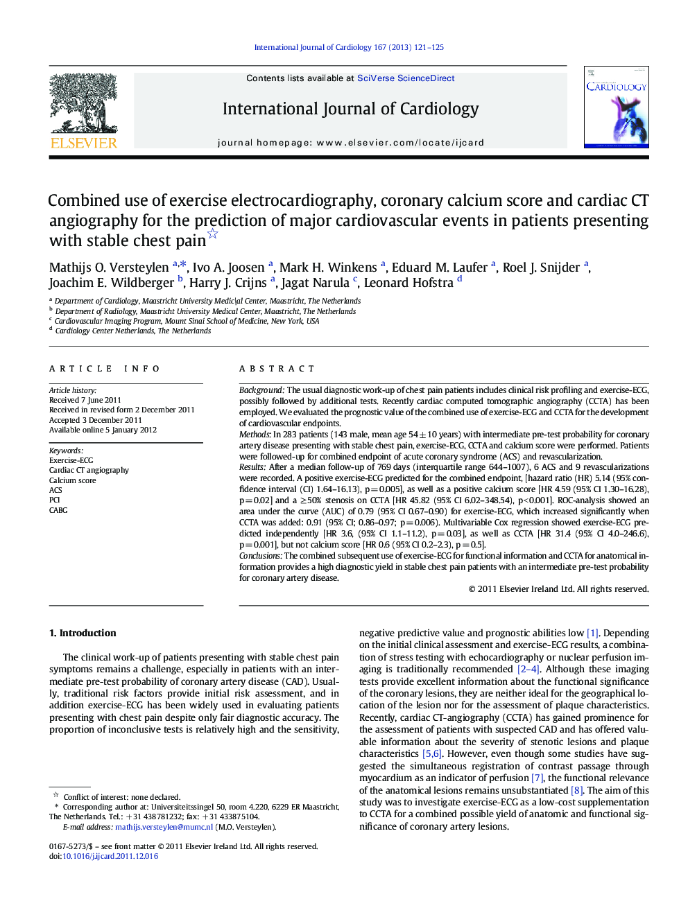 Combined use of exercise electrocardiography, coronary calcium score and cardiac CT angiography for the prediction of major cardiovascular events in patients presenting with stable chest pain