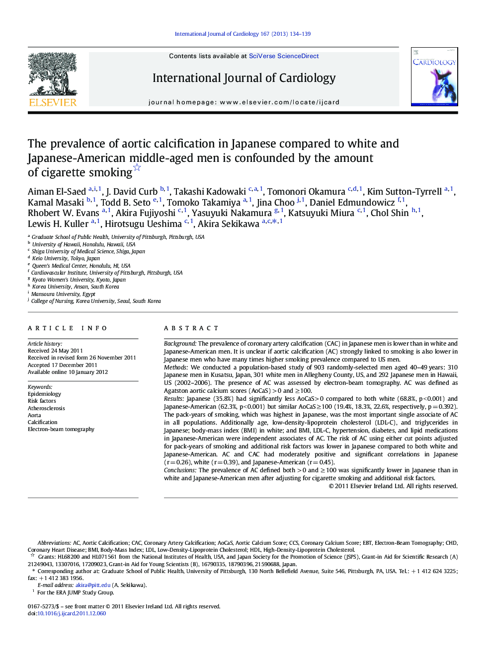 The prevalence of aortic calcification in Japanese compared to white and Japanese-American middle-aged men is confounded by the amount of cigarette smoking