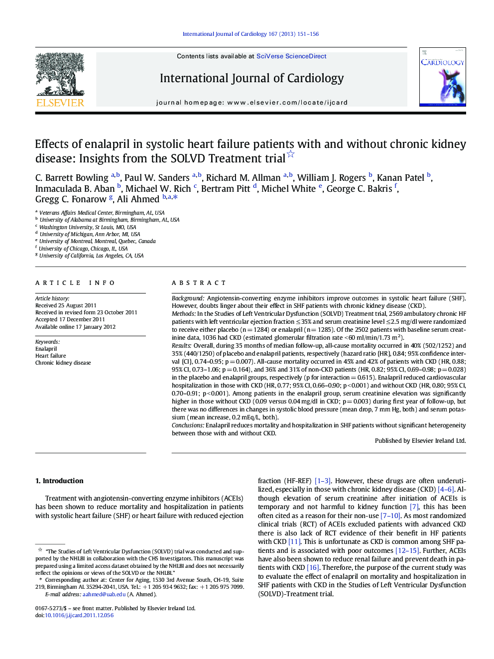 Effects of enalapril in systolic heart failure patients with and without chronic kidney disease: Insights from the SOLVD Treatment trial