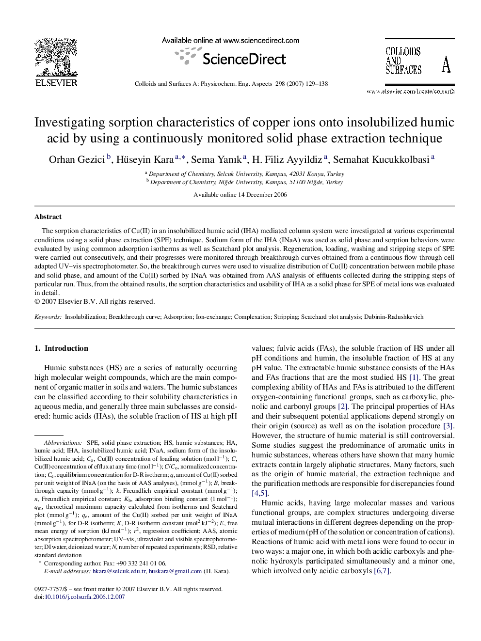 Investigating sorption characteristics of copper ions onto insolubilized humic acid by using a continuously monitored solid phase extraction technique