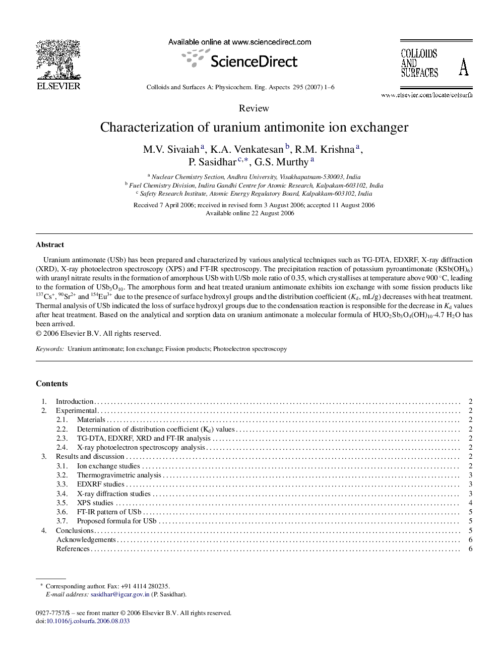 Characterization of uranium antimonite ion exchanger