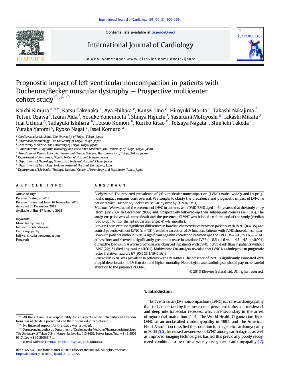 Prognostic impact of left ventricular noncompaction in patients with Duchenne/Becker muscular dystrophy - Prospective multicenter cohort study