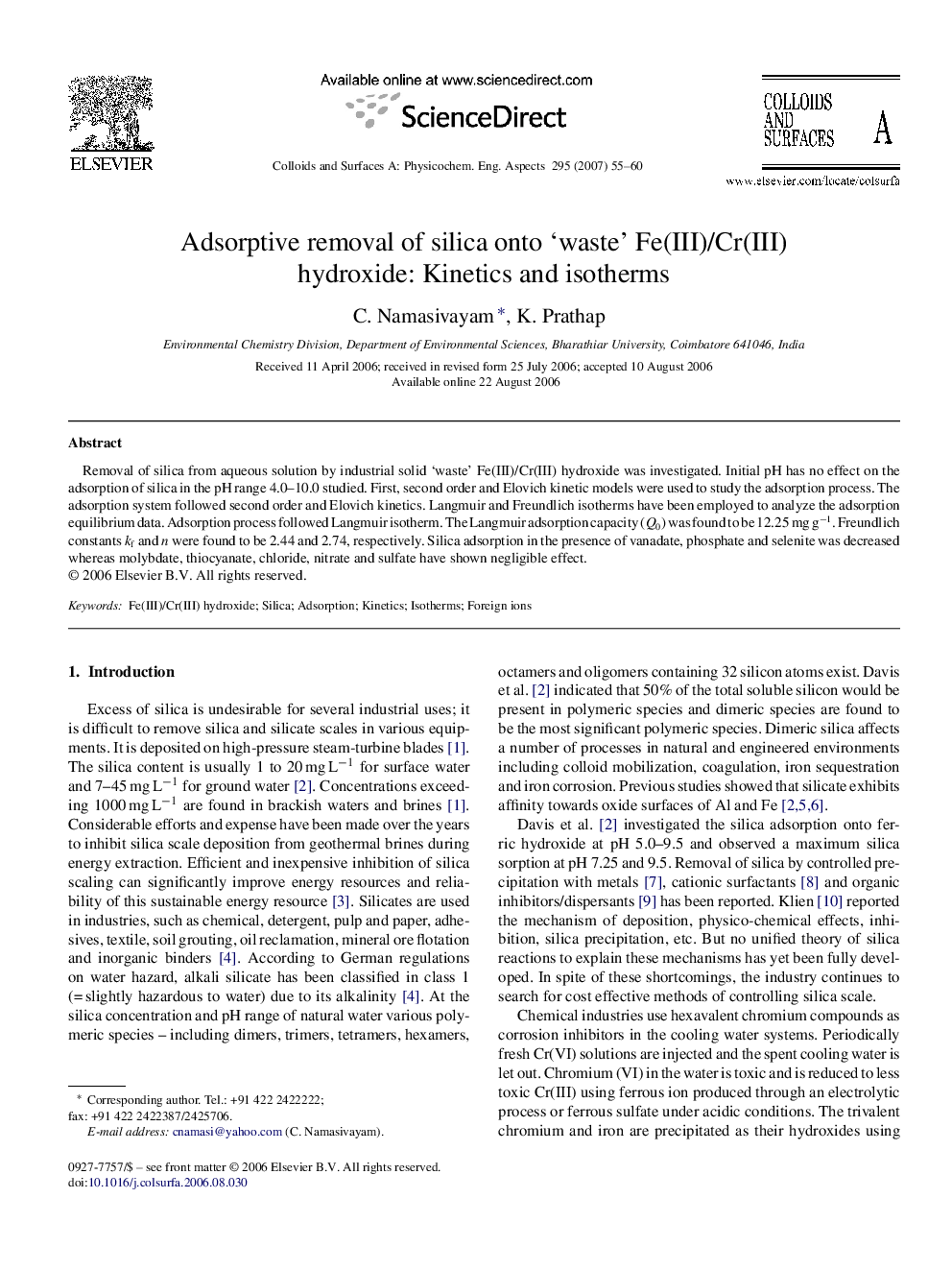 Adsorptive removal of silica onto ‘waste’ Fe(III)/Cr(III) hydroxide: Kinetics and isotherms