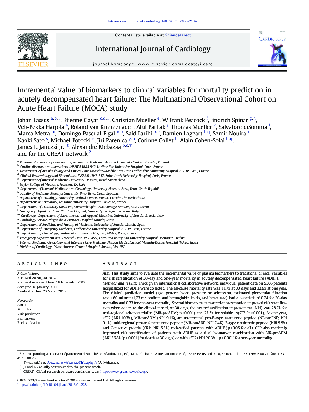 Incremental value of biomarkers to clinical variables for mortality prediction in acutely decompensated heart failure: The Multinational Observational Cohort on Acute Heart Failure (MOCA) study