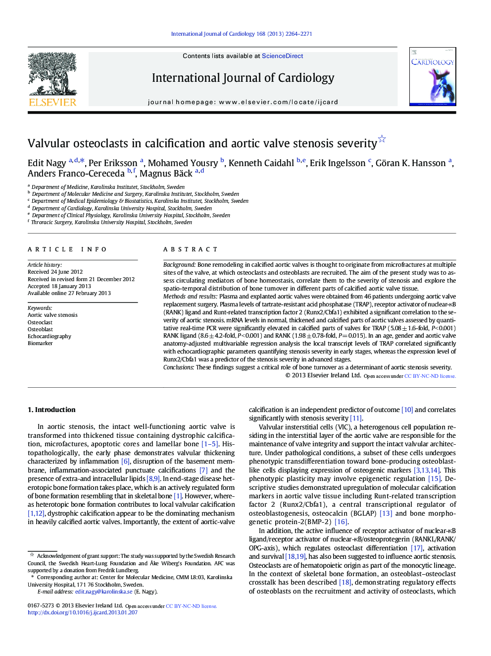 Valvular osteoclasts in calcification and aortic valve stenosis severity