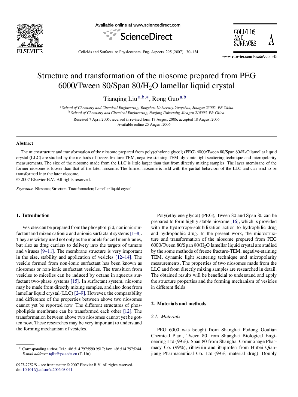 عکس صفحه اول مقاله: Structure and transformation of the niosome prepared from PEG 6000/Tween 80/Span 80/H2O lamellar liquid crystal Structure and transformation of the niosome prepared from PEG 6000/Tween 80/Span 80/H2O lamellar liquid crystal