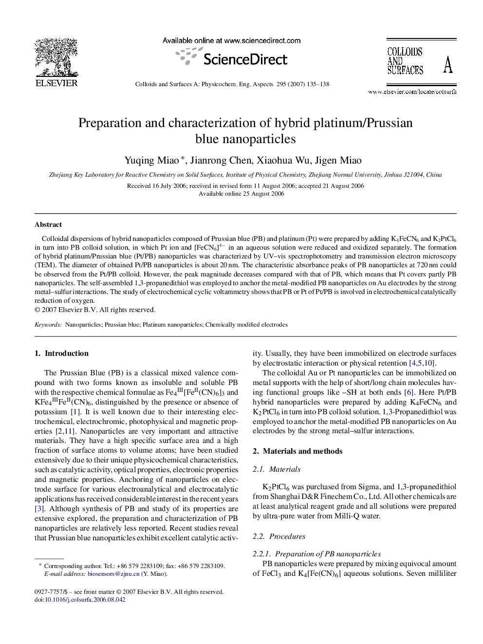 عکس صفحه اول مقاله: Preparation and characterization of hybrid platinum/Prussian blue nanoparticles Preparation and characterization of hybrid platinum/Prussian blue nanoparticles