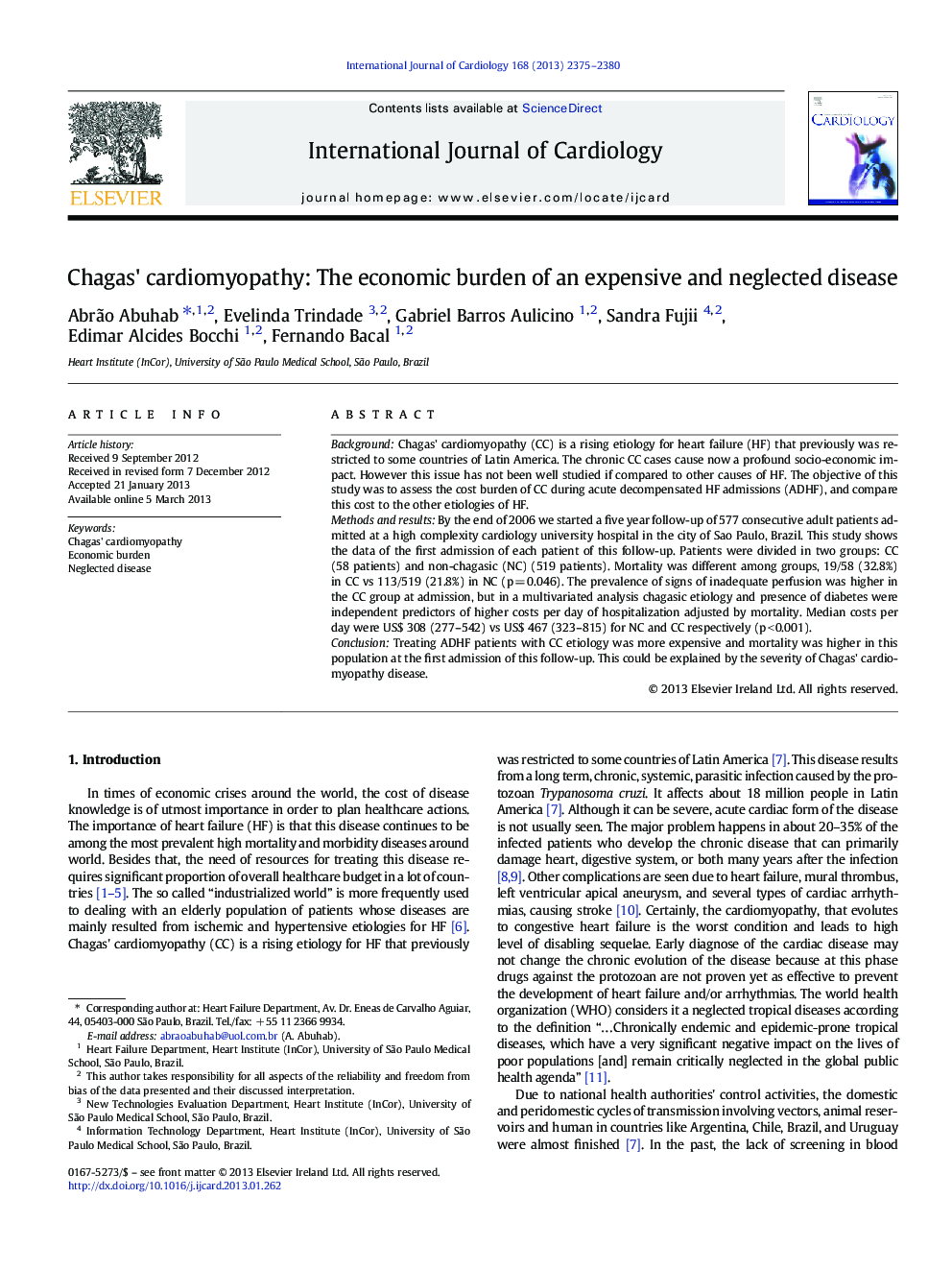 Chagas' cardiomyopathy: The economic burden of an expensive and neglected disease